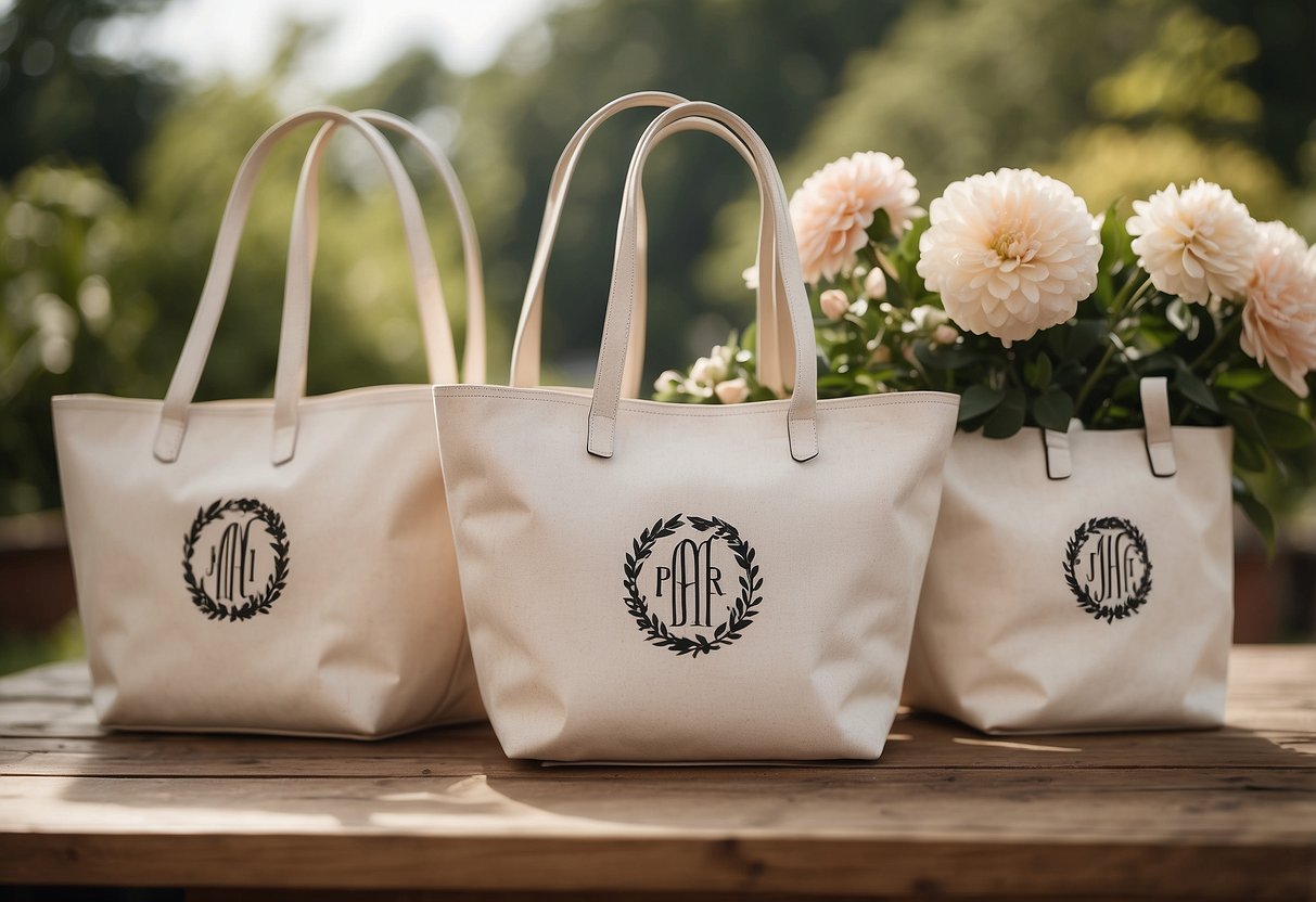 Monogrammed tote bags arranged in a row, with elegant fonts and delicate designs, surrounded by flowers and wedding decor