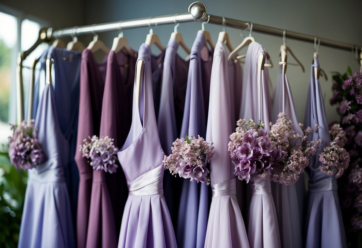 Lilac bridesmaid dresses hang on a silver rack, surrounded by purple floral arrangements