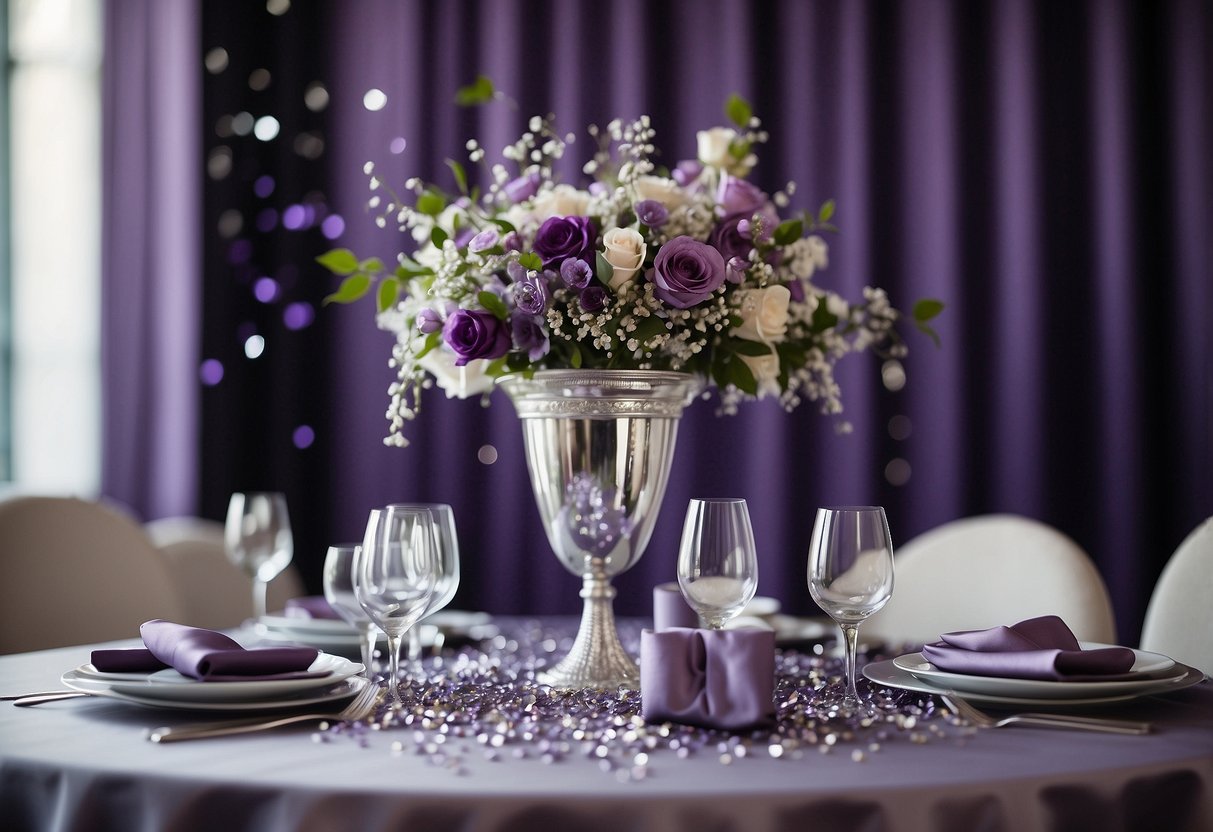 A metallic silver confetti shower over a purple and silver wedding table setting