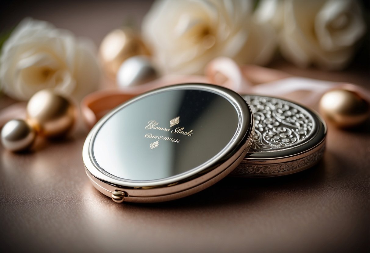 A shining compact mirror with delicate engravings, surrounded by elegant packaging and a ribbon, ready to be presented as a thoughtful bridesmaid gift on the wedding day