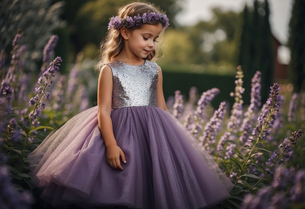 A purple flower girl dress with silver accents stands in a garden surrounded by blooming purple flowers