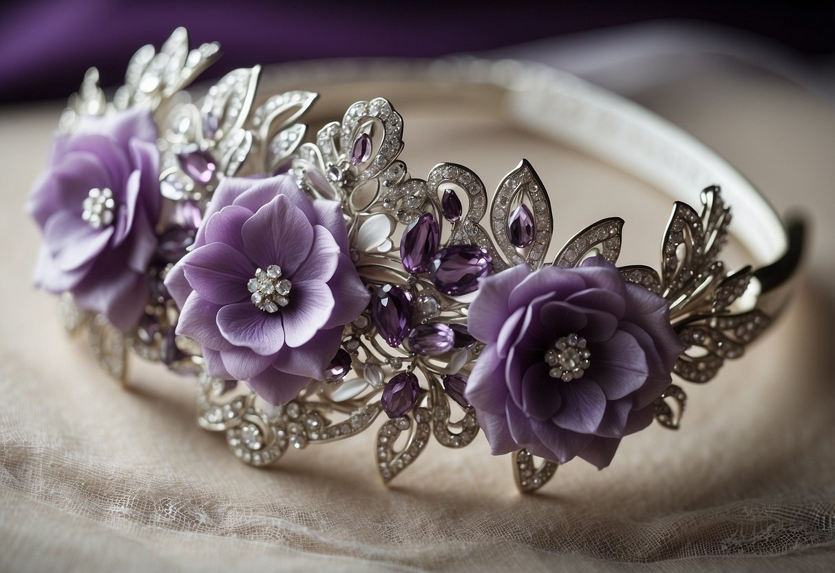 A silver headband adorned with purple and silver flowers, sparkling with delicate crystals, sits on a pristine white lace veil