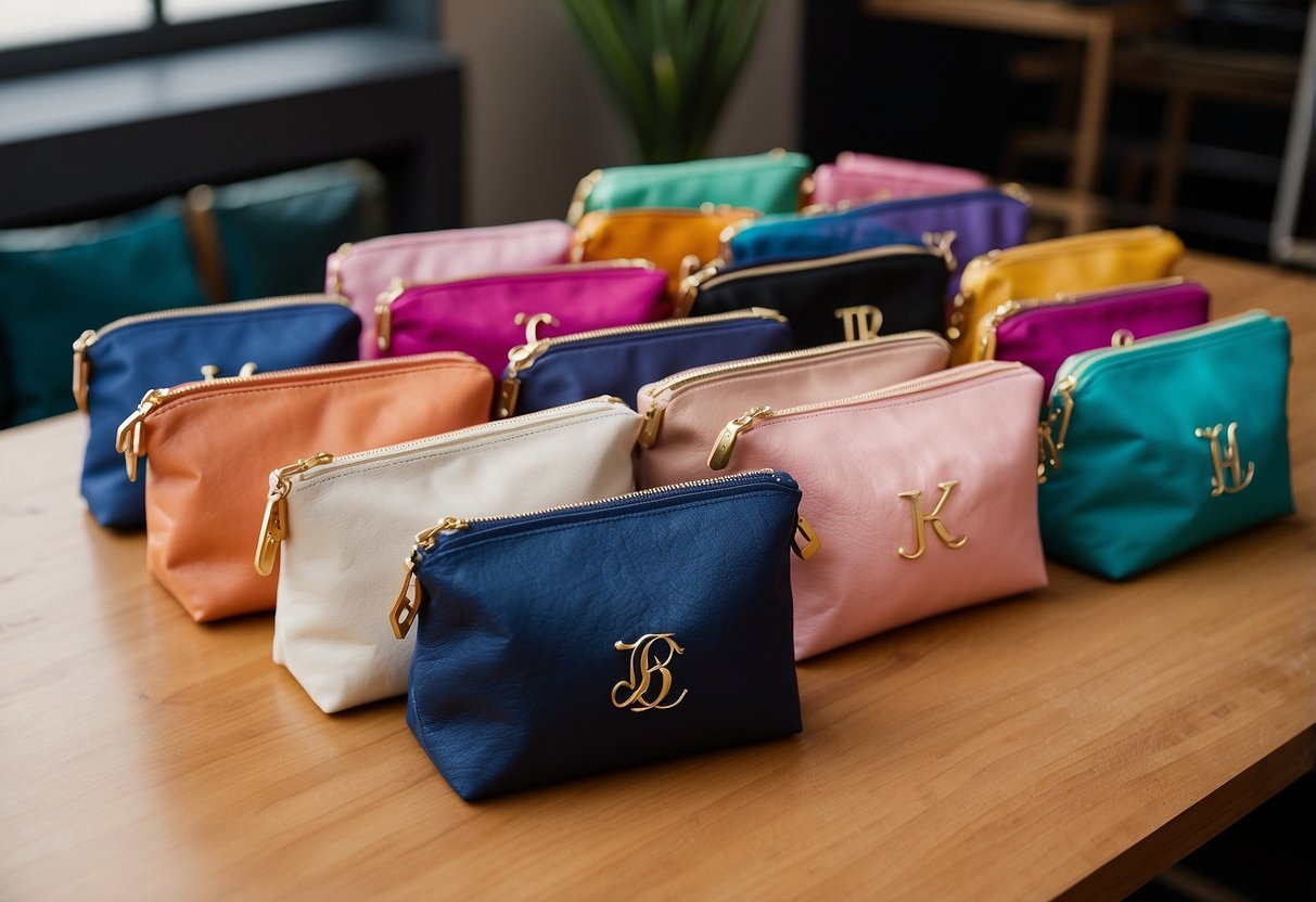 A group of personalized makeup bags displayed on a table, each with a different name or initial embroidered on the front. The bags are arranged neatly and surrounded by colorful cosmetics and brushes