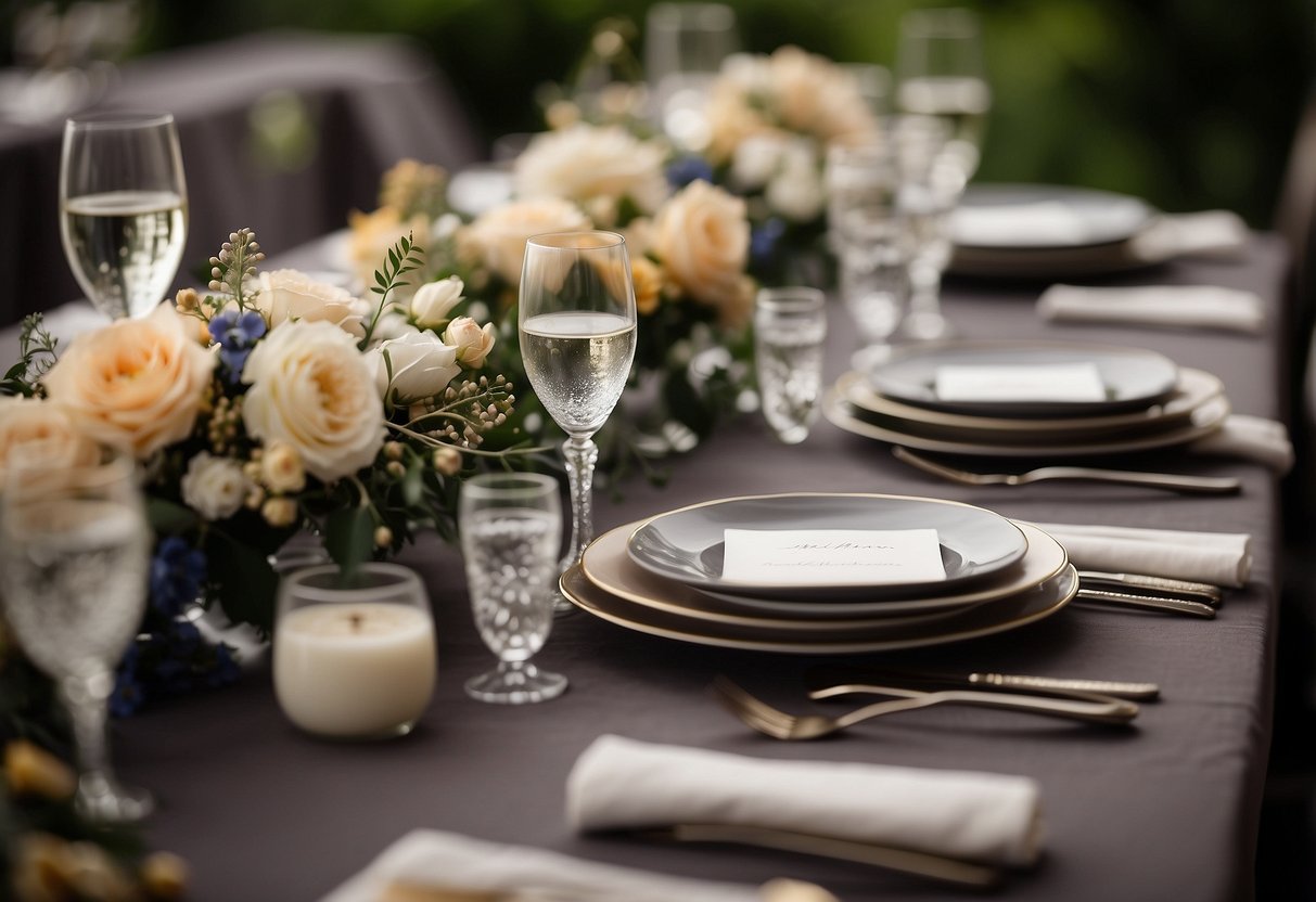 A table set with elegant dinnerware, adorned with floral centerpieces and personalized place cards for a wedding reception