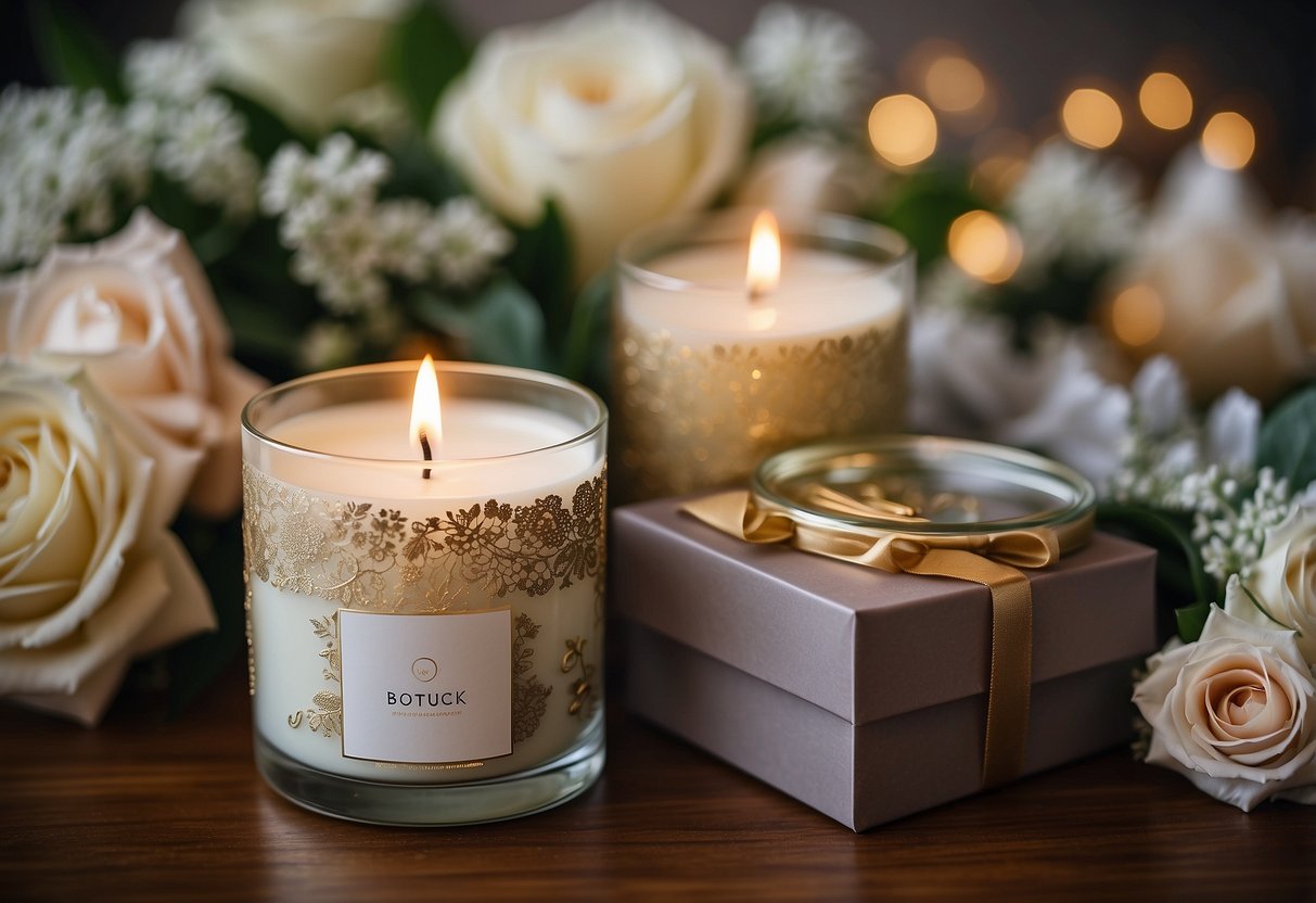 A beautifully wrapped box of luxury scented candles with elegant packaging, surrounded by delicate floral arrangements and wedding decor