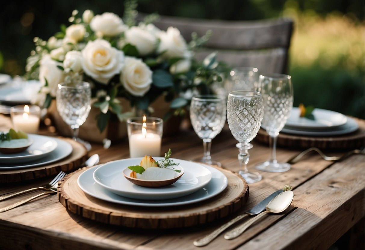 A table set with rustic wooden chargers, adorned with elegant wedding plates and silverware