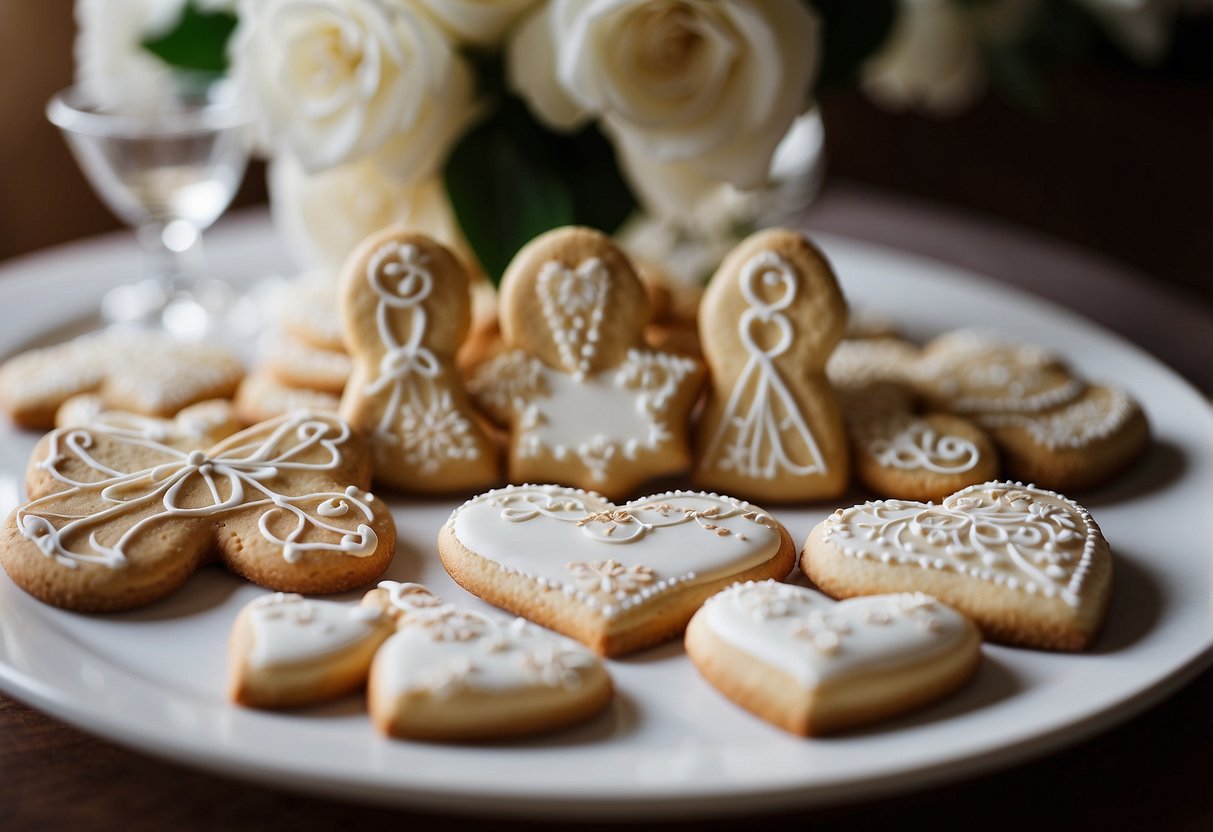 A table filled with various wedding-themed cookies, including bride and groom shapes, floral designs, and heart-shaped cookies with delicate icing details