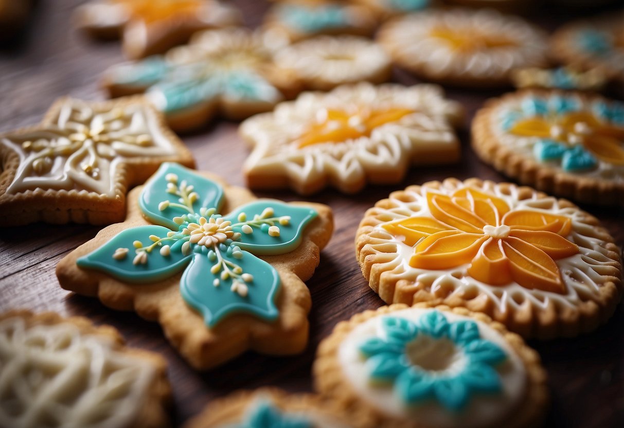 A table set with a variety of beautifully decorated Linzer cookies, adorned with intricate designs and vibrant colors, creating a festive and elegant wedding cookie display