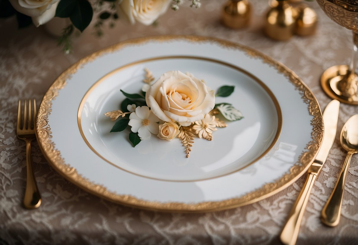 A gold-rimmed porcelain wedding plate sits on a lace tablecloth with delicate floral patterns