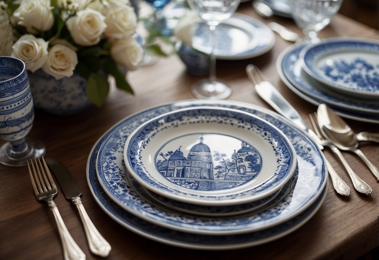 A table set with blue and white Delft style wedding plates, adorned with delicate floral patterns and intricate designs