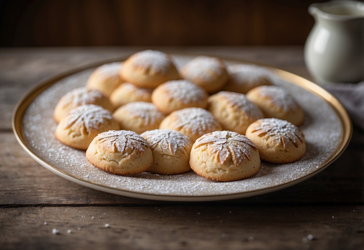 A plate of almond crescent cookies arranged in a circular pattern, with a dusting of powdered sugar on top, placed on a decorative serving tray