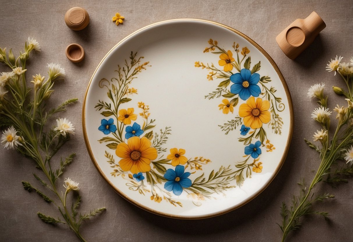 A rustic, hand-painted stoneware plate with intricate floral designs and gold accents, set against a backdrop of vintage lace and wildflowers