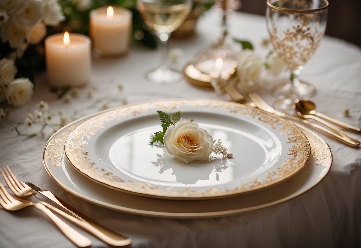 A pristine white bone china wedding plate adorned with delicate floral patterns and intricate gold trim, set against a backdrop of soft, romantic lighting