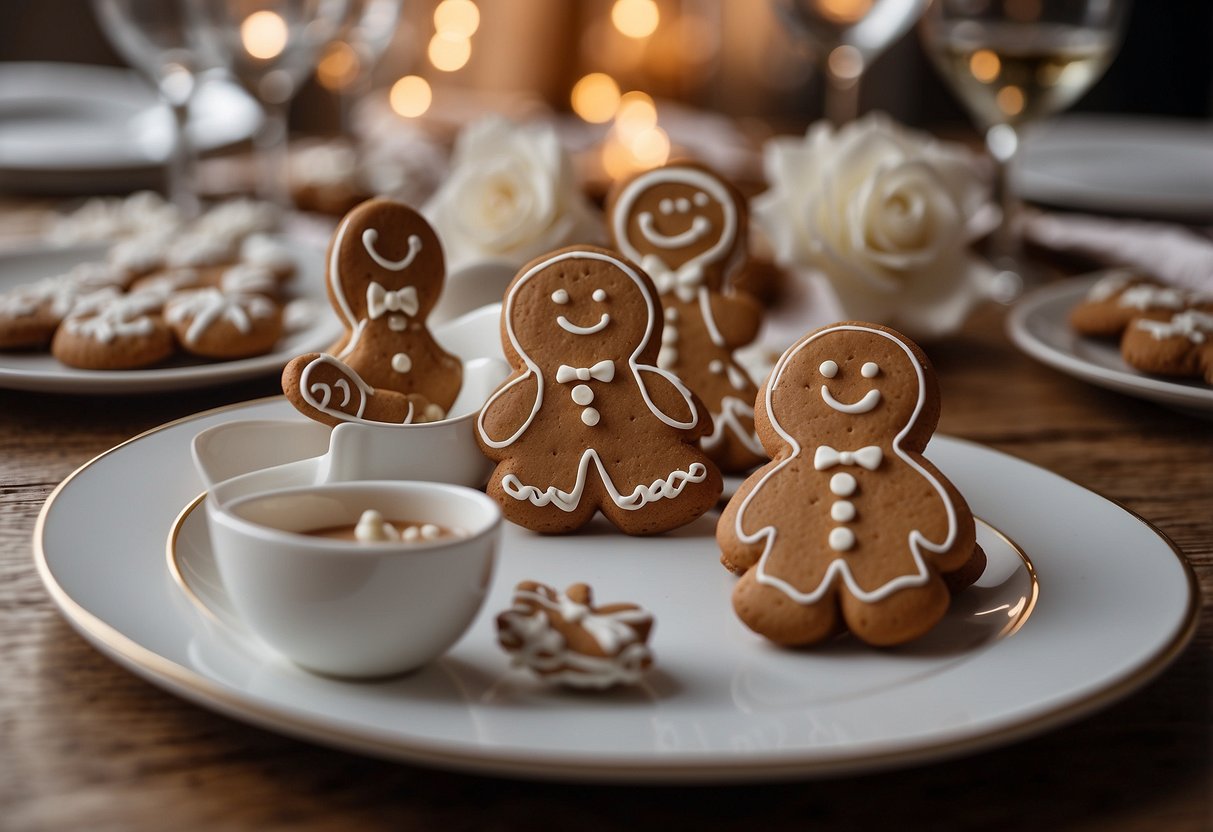 A festive table set with gingerbread wedding cookies in the shape of wedding dresses, tuxedos, and wedding cakes