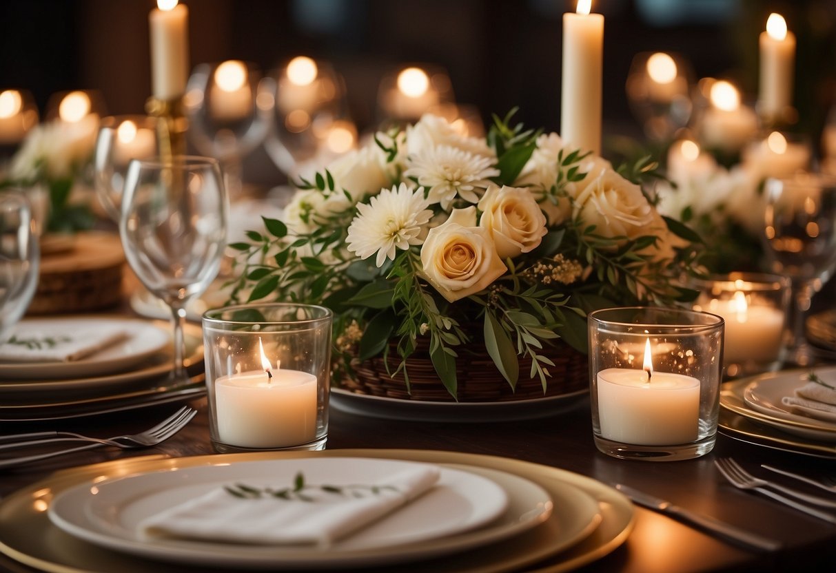 A table set with elegant bamboo plates, adorned with floral centerpieces and soft candlelight