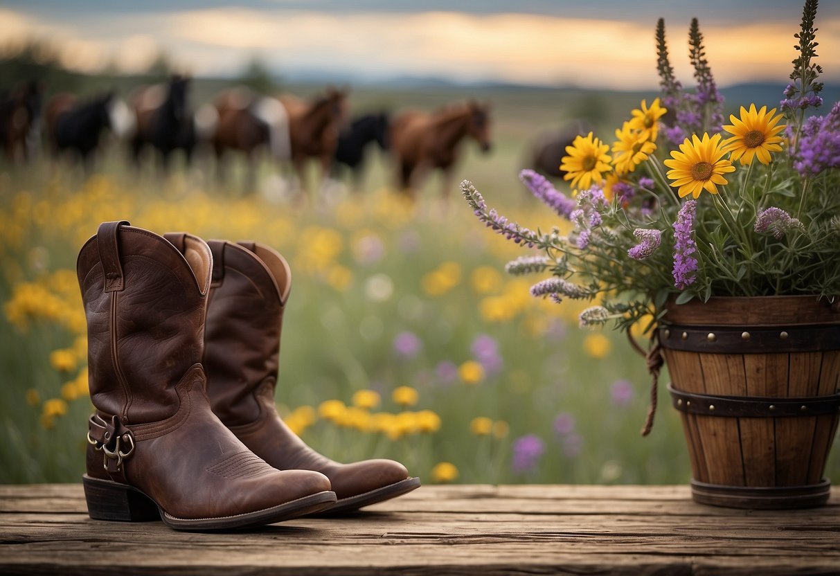 A rustic wooden table adorned with wildflowers, cowboy boots, and horseshoes. A lasso and cowboy hat add a touch of western charm