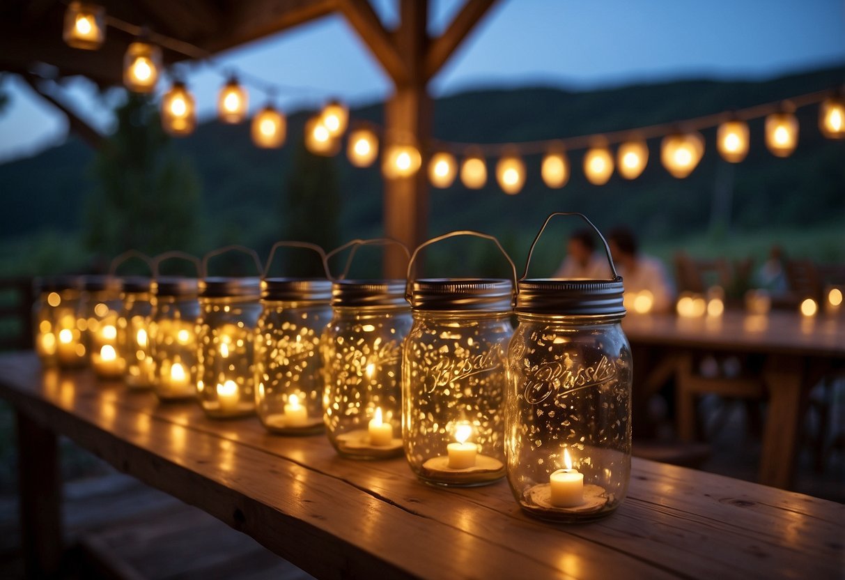 Rustic mason jar lanterns hang from wooden beams, casting a warm glow over a western wedding table centerpiece