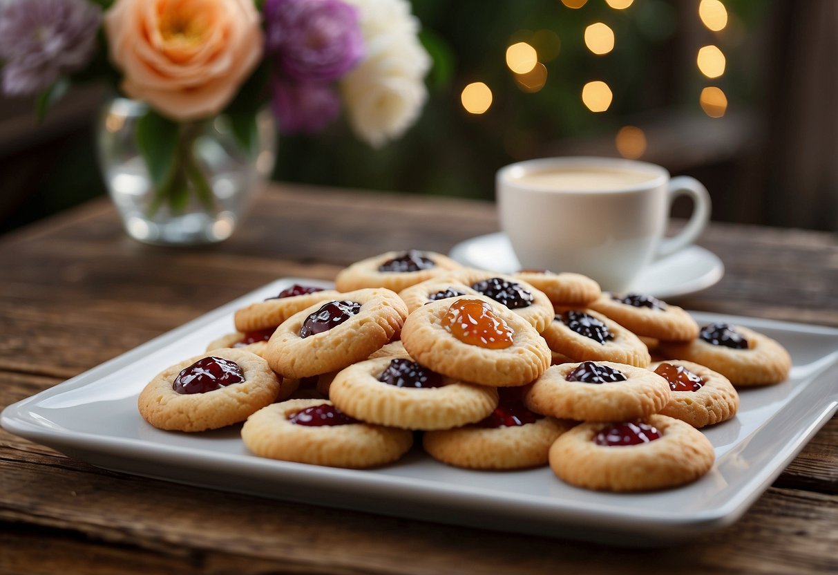 A tray of freshly baked thumbprint cookies sits on a rustic wooden table, adorned with colorful jam centers, surrounded by wedding decor