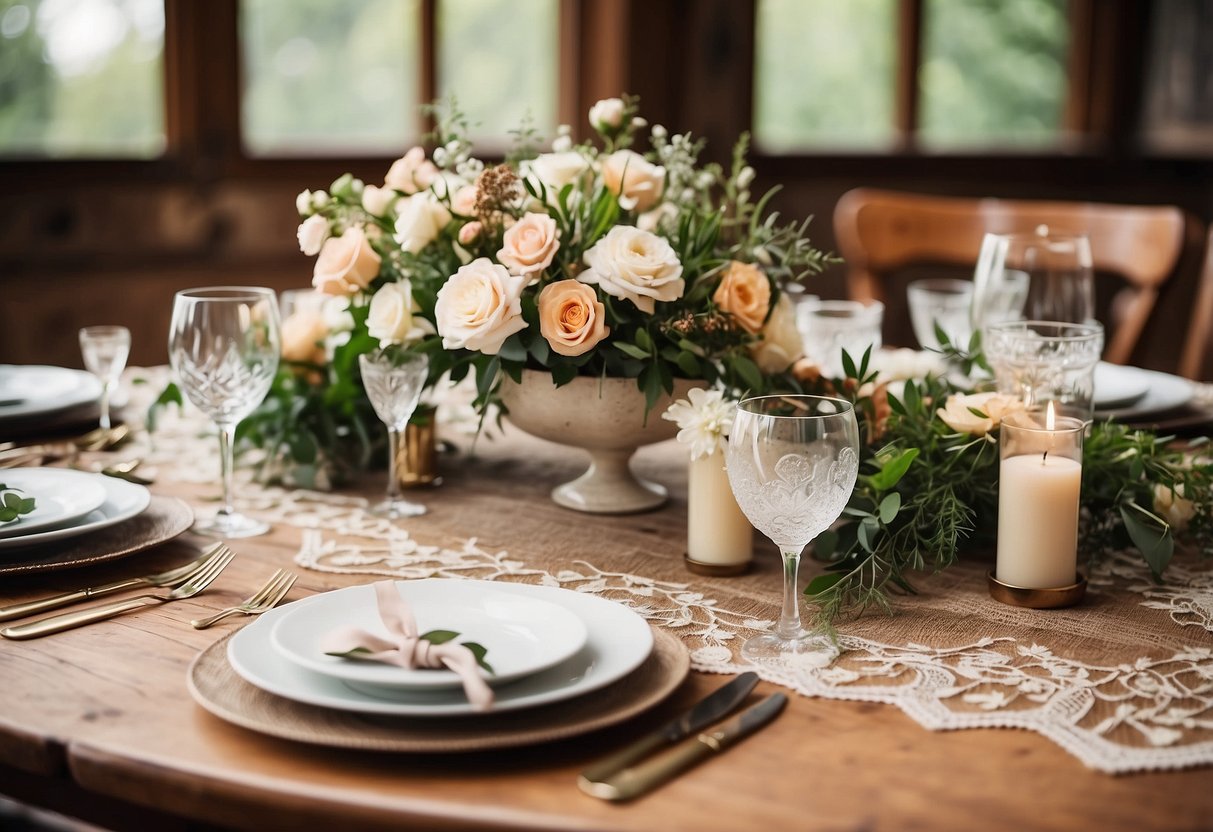 A wooden table adorned with vintage lace runners, set with rustic western wedding centerpieces