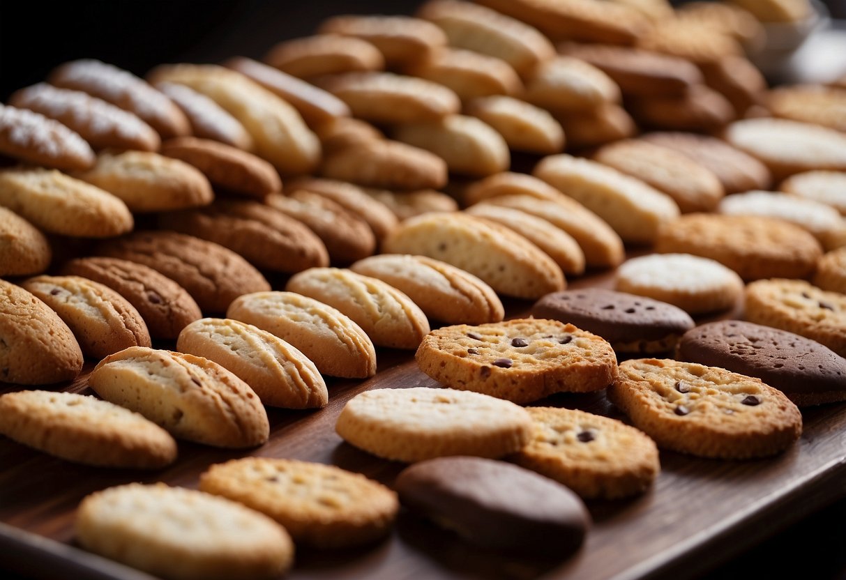 A table filled with various types of biscotti wedding cookies, arranged in a decorative and appetizing manner