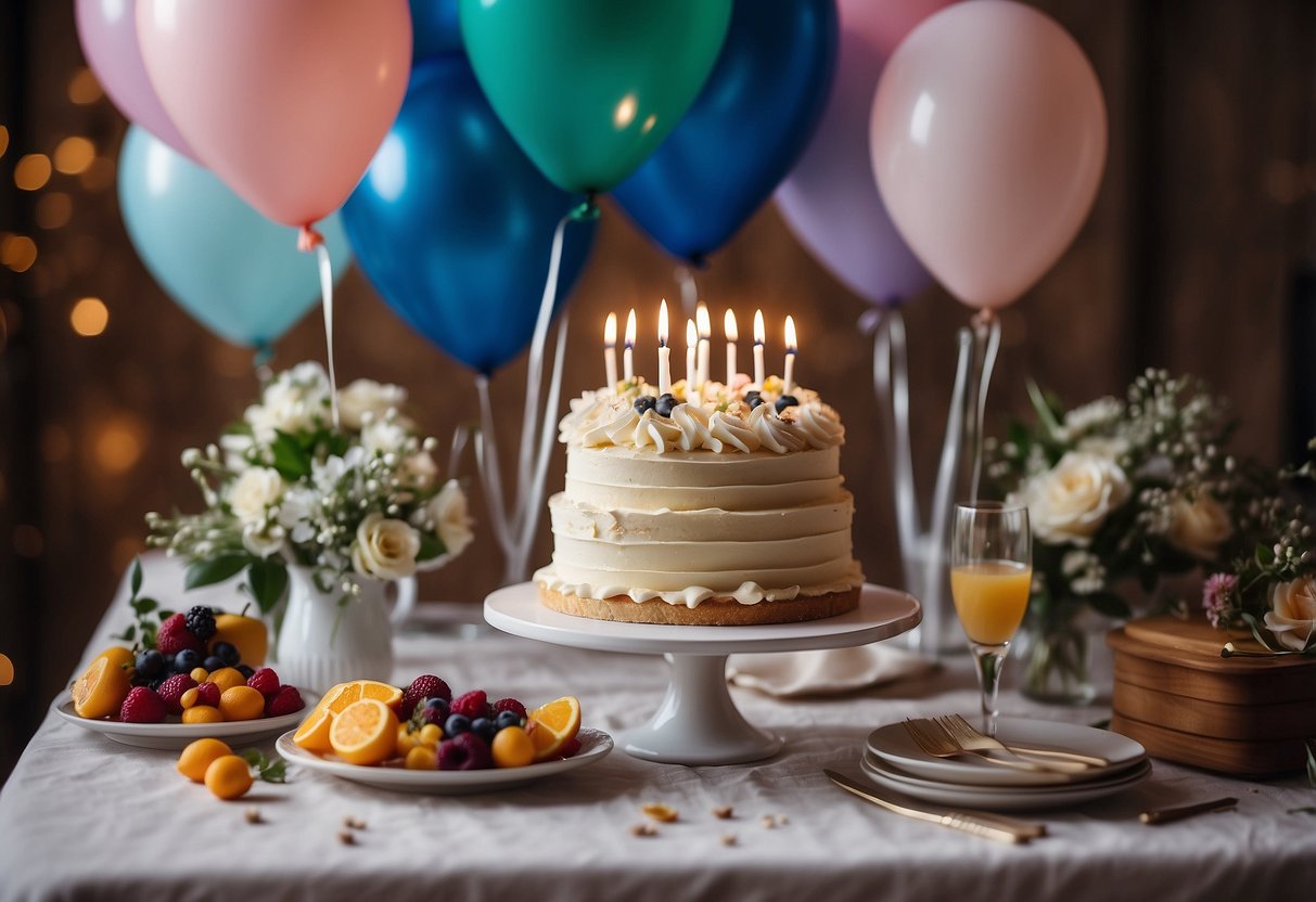 A beautifully decorated table with a cake, flowers, and a framed photo of the couple. Balloons and streamers add to the festive atmosphere