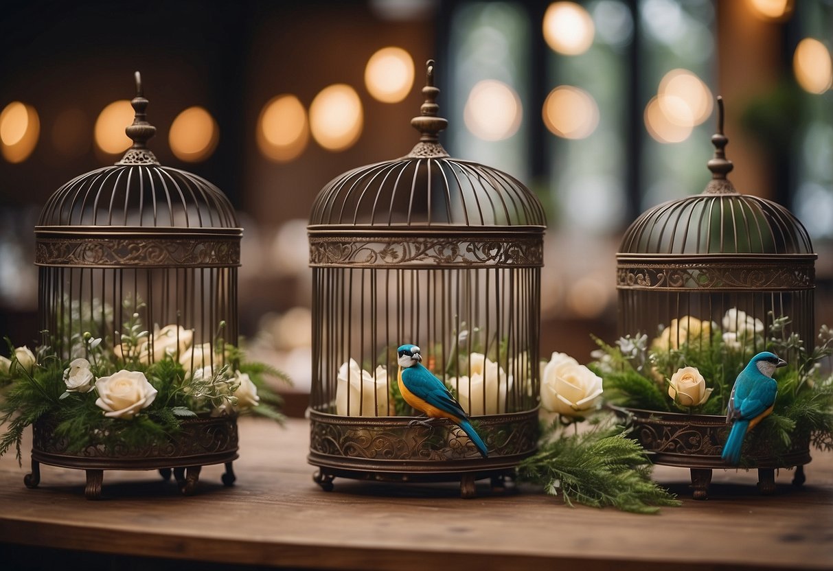 Antique bird cages arranged as western wedding centerpieces