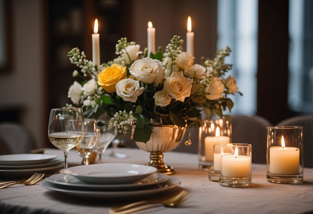 A beautifully set table with elegant dinnerware and a centerpiece of fresh flowers. Candles flicker, casting a warm glow over the room