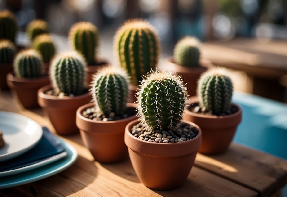 Mini cactus pots arranged on a table with western-themed decor for wedding centerpieces