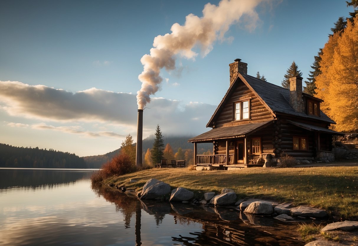 A rustic cabin nestled in the woods, smoke rising from the chimney. A serene lake reflects the vibrant autumn foliage. A couple's initials carved into a tree