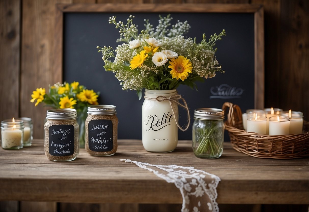 A wooden table set with mason jar centerpieces, wildflower bouquets, and vintage lace table runners. A chalkboard sign reads "Rustic Love."