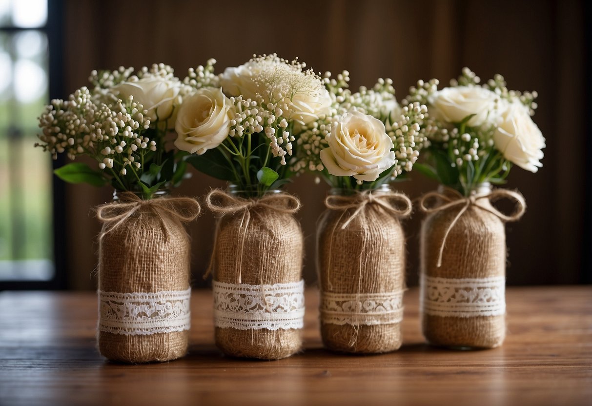 Bottles wrapped in burlap and lace, arranged as western wedding centerpieces