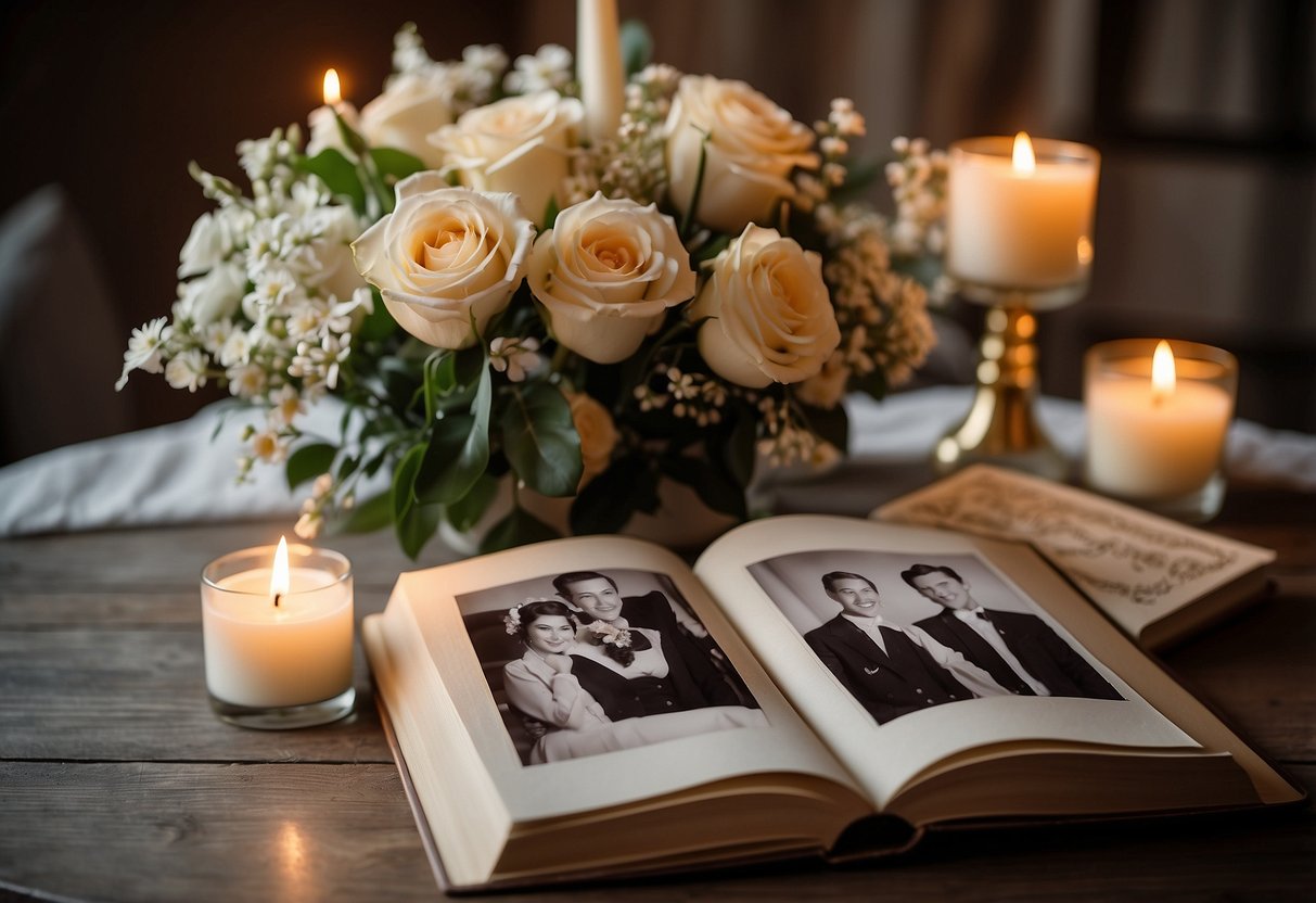 A beautifully decorated table with a 65th anniversary photo album, surrounded by flowers and candles