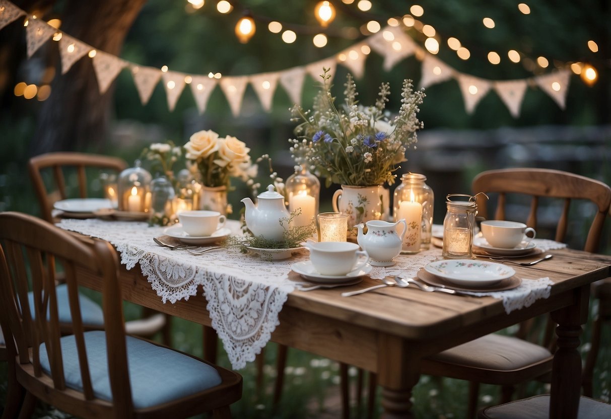 A quaint outdoor garden set with mismatched vintage tea sets, lace tablecloths, and wildflower centerpieces. Twinkling fairy lights and bunting add a whimsical touch