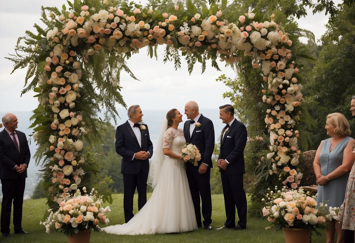 A couple stands beneath a floral arch, exchanging vows. Family and friends surround them, smiling and holding bouquets. A sign reads "65 years of love."