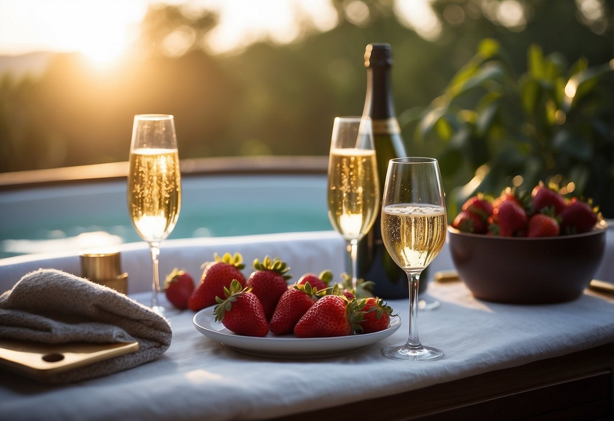 A serene spa setting with two massage tables, a couple's jacuzzi, and soft, ambient lighting. A tray of champagne and strawberries sits nearby