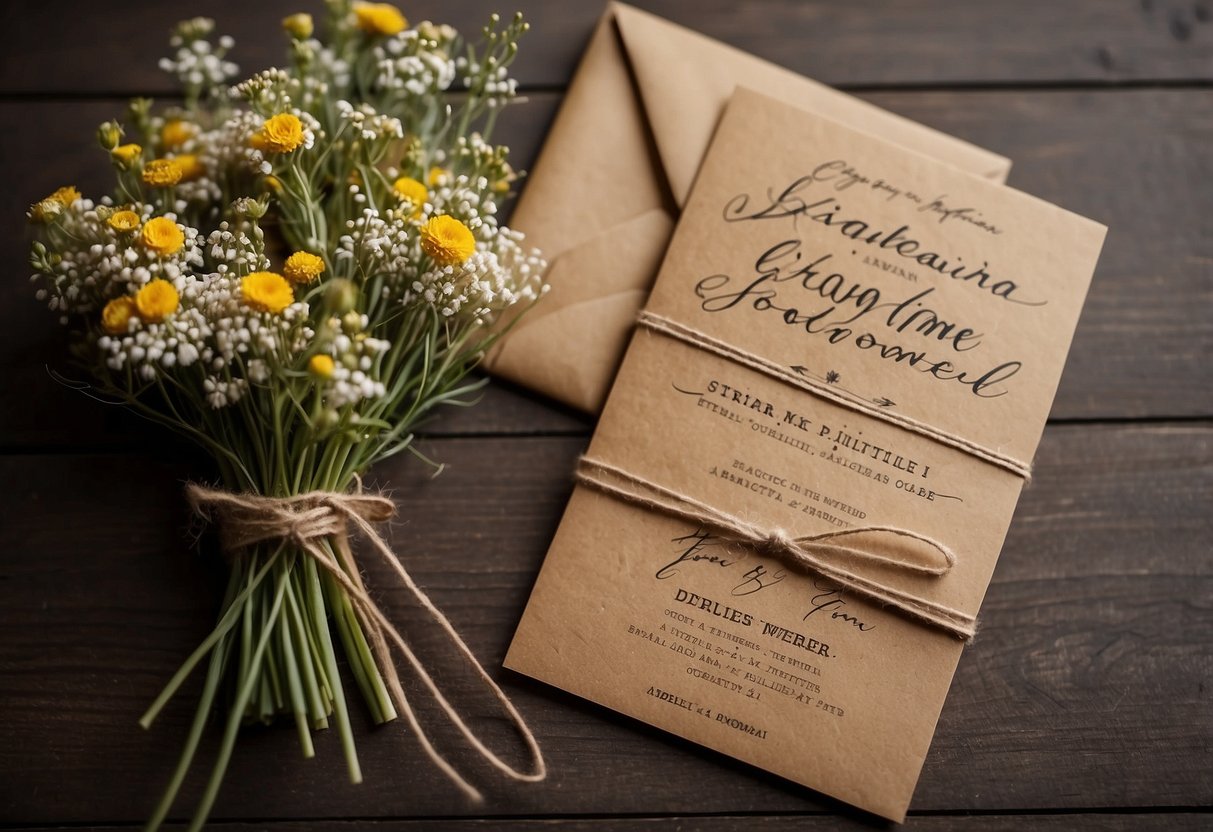 Rustic invitations with calligraphy on kraft paper, adorned with twine and wildflowers