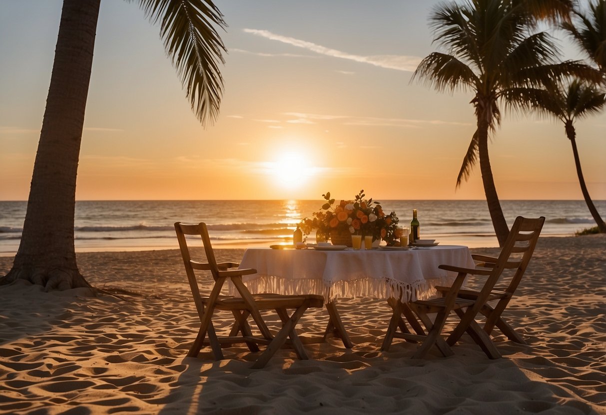 A beach picnic at sunset with a table set for a 65th wedding anniversary celebration. The golden sun dips below the horizon, casting a warm glow over the sandy shore. Waves gently crash against the beach as a gentle breeze rustles through the palm