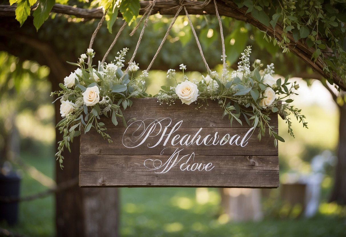 A weathered wooden sign hangs from a twisted vine, adorned with delicate flowers and calligraphy, signaling a rustic wedding shower