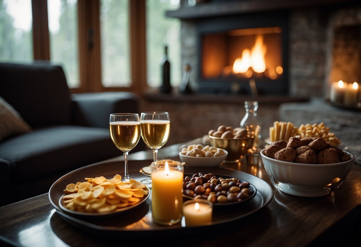 A cozy living room with soft lighting, a flickering fireplace, and a spread of romantic movies on the coffee table. A tray of decadent snacks and a bottle of champagne complete the scene