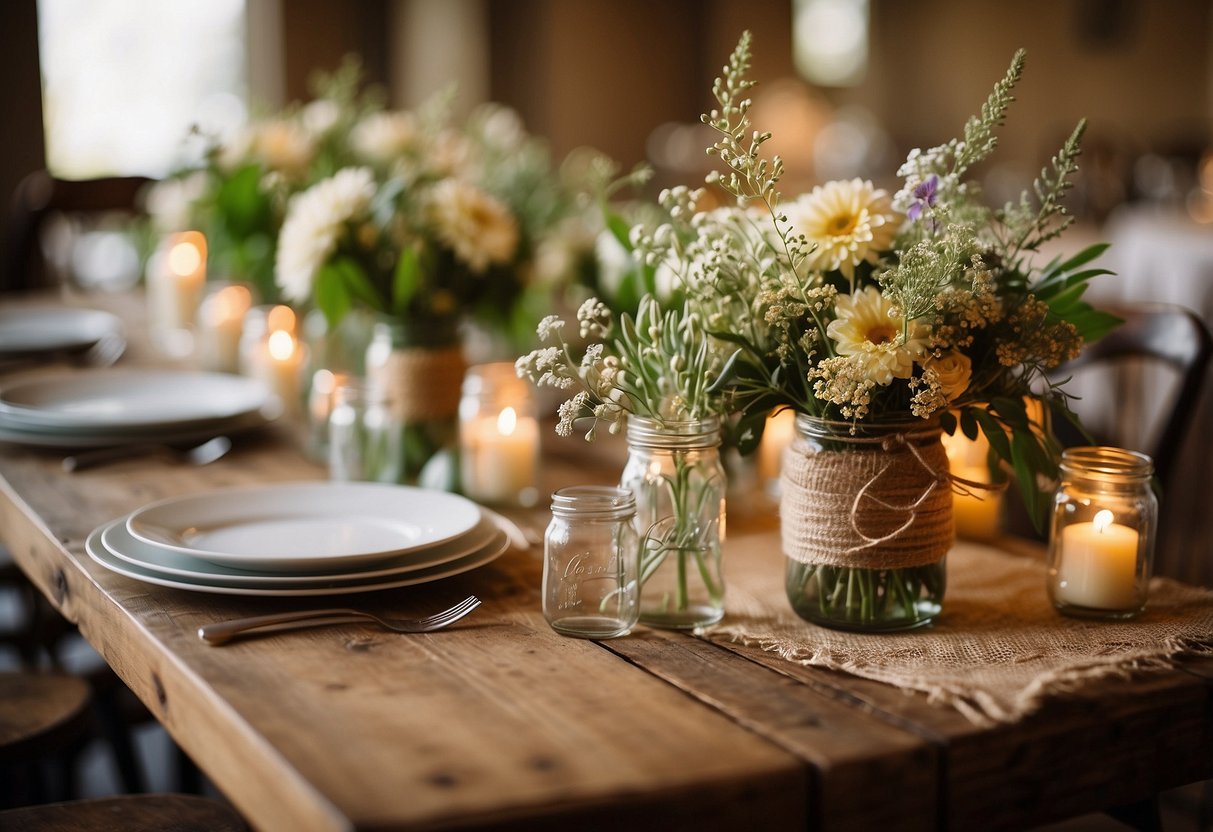 A wooden table adorned with burlap and twine accents, surrounded by mason jar centerpieces and wildflower bouquets