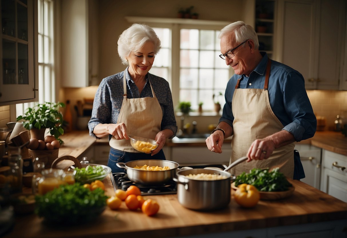 A couple stirring a pot together in a cozy kitchen, surrounded by fresh ingredients and cooking utensils. A 65th anniversary cake sits on the counter