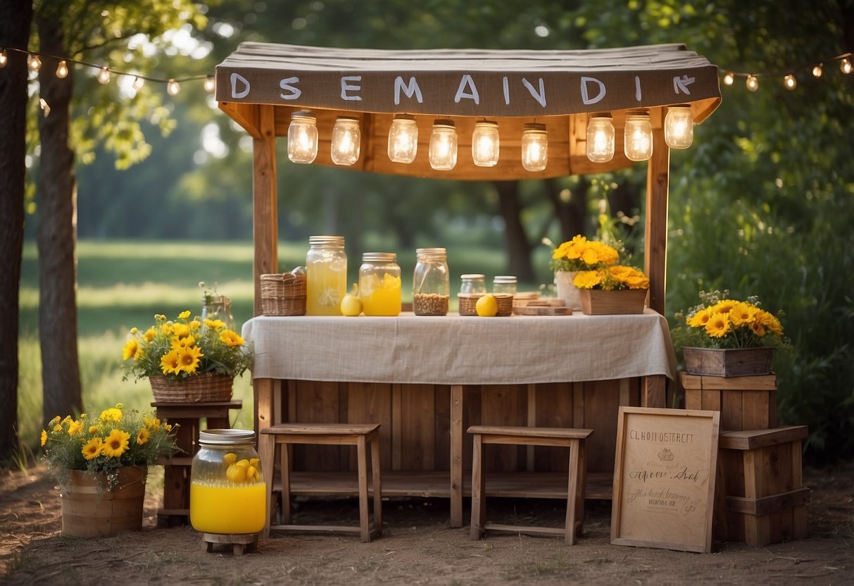 A charming lemonade stand with mason jar dispensers, burlap tablecloth, and a handwritten sign. Rustic decor includes wooden crates, wildflowers, and string lights