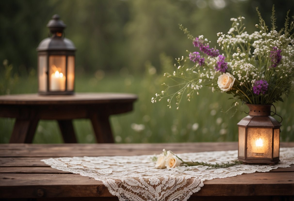 A rustic wooden table adorned with wildflowers, antlers, and vintage lanterns. A lace table runner drapes elegantly over the table, creating a cozy and romantic atmosphere