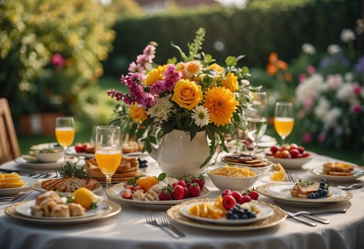 A beautifully set table with colorful flowers, elegant tableware, and a variety of delicious food spread out in a lush garden setting