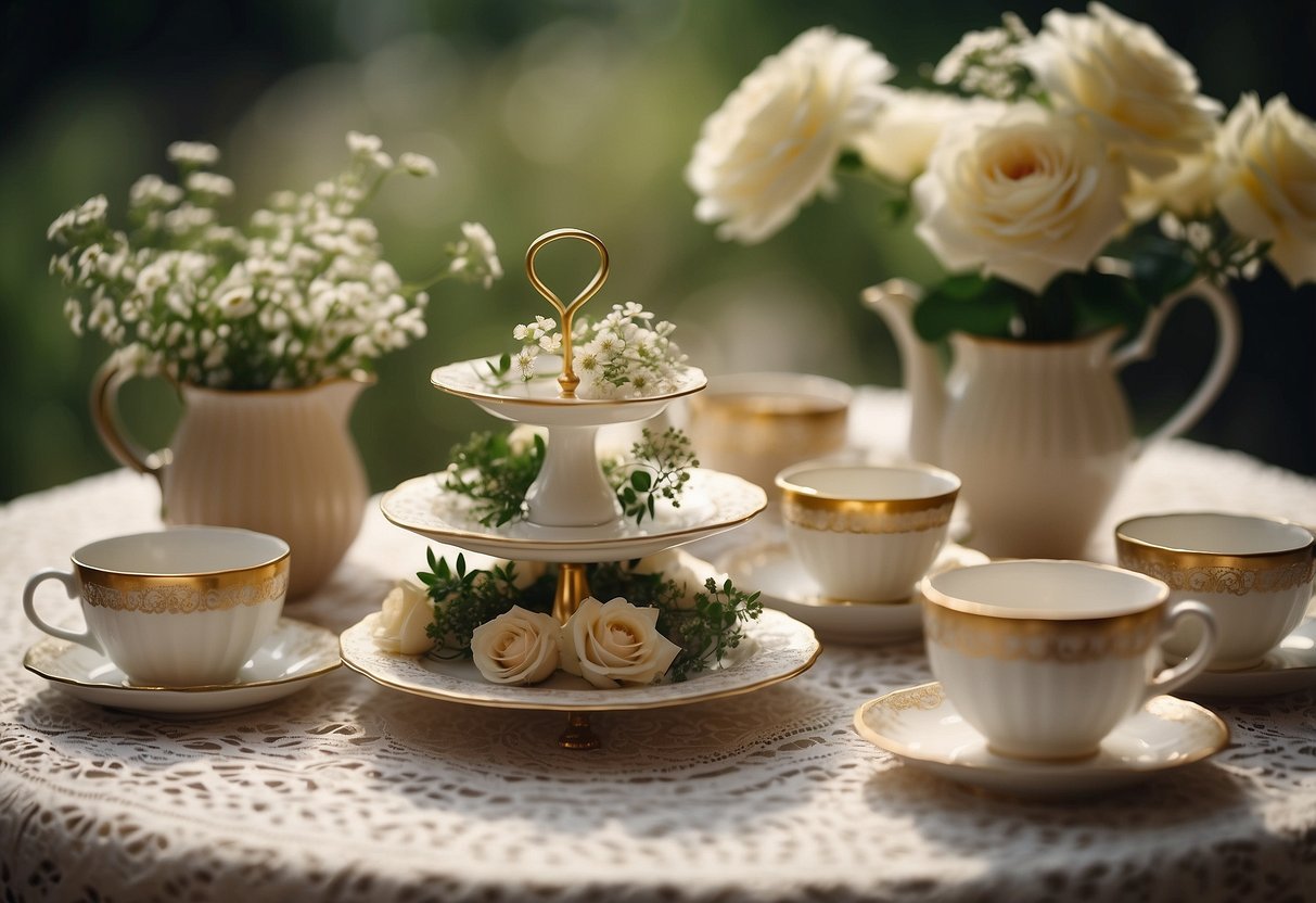 A wooden cake stand adorned with flowers and greenery sits on a lace tablecloth, surrounded by vintage tea cups and saucers