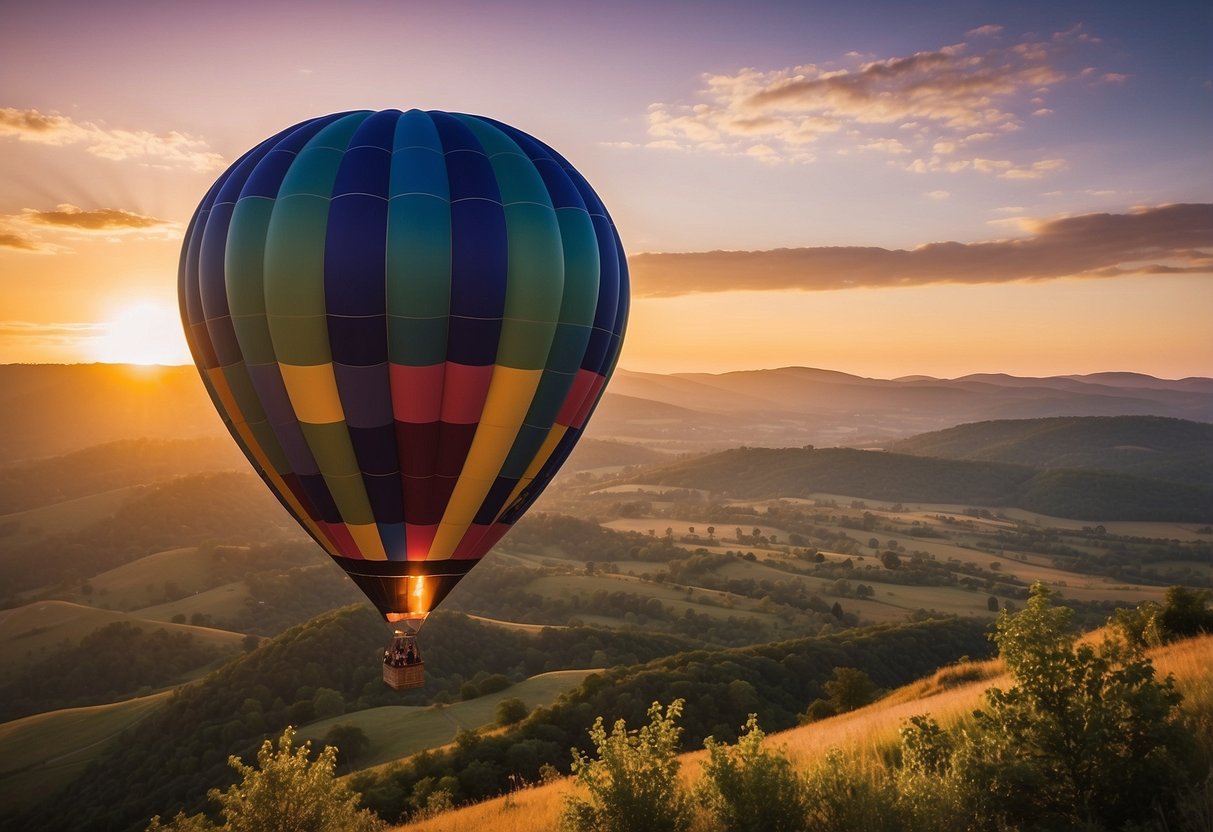 A hot air balloon floats peacefully over a picturesque landscape, with a vibrant sunrise or sunset coloring the sky. The balloon is adorned with celebratory decorations, marking the 65th wedding anniversary