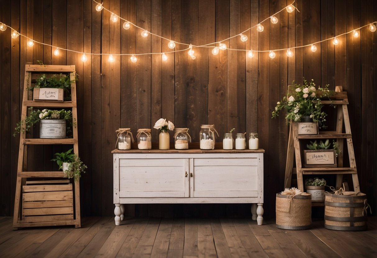 A rustic barn-themed DIY photo booth at a wedding shower, with wooden crates, burlap, mason jars, and string lights as decor