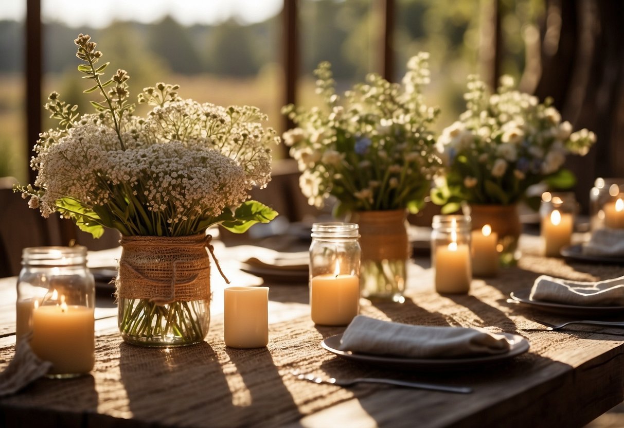 A rustic wooden table adorned with burlap and lace centerpieces, featuring mason jars, candles, and wildflowers. Sunlight filters through lace curtains, casting a warm glow on the natural textures