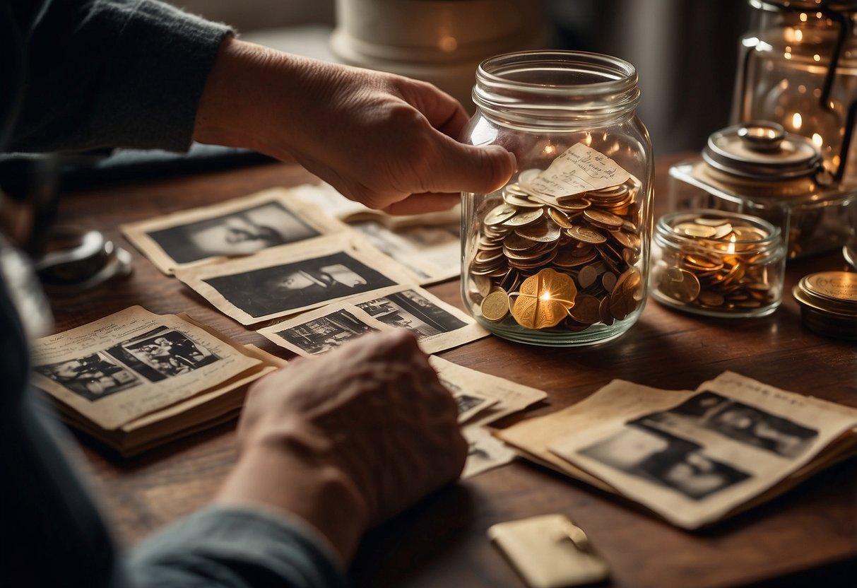 A table scattered with old photos, love letters, and trinkets. A pair of hands carefully arranging them inside a glass jar