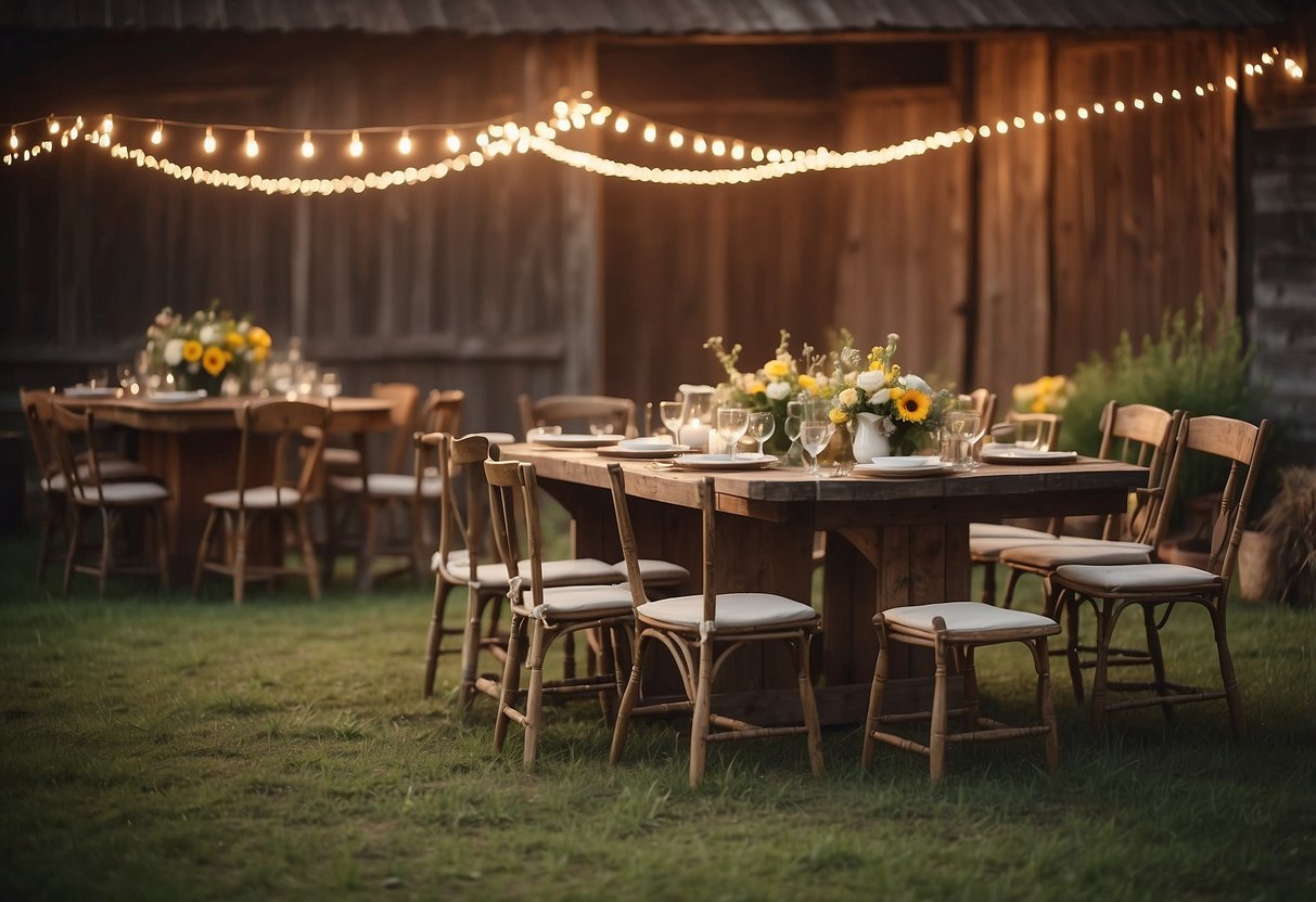 A charming barn with string lights, vintage furniture, and wildflower centerpieces set the scene for a rustic wedding shower